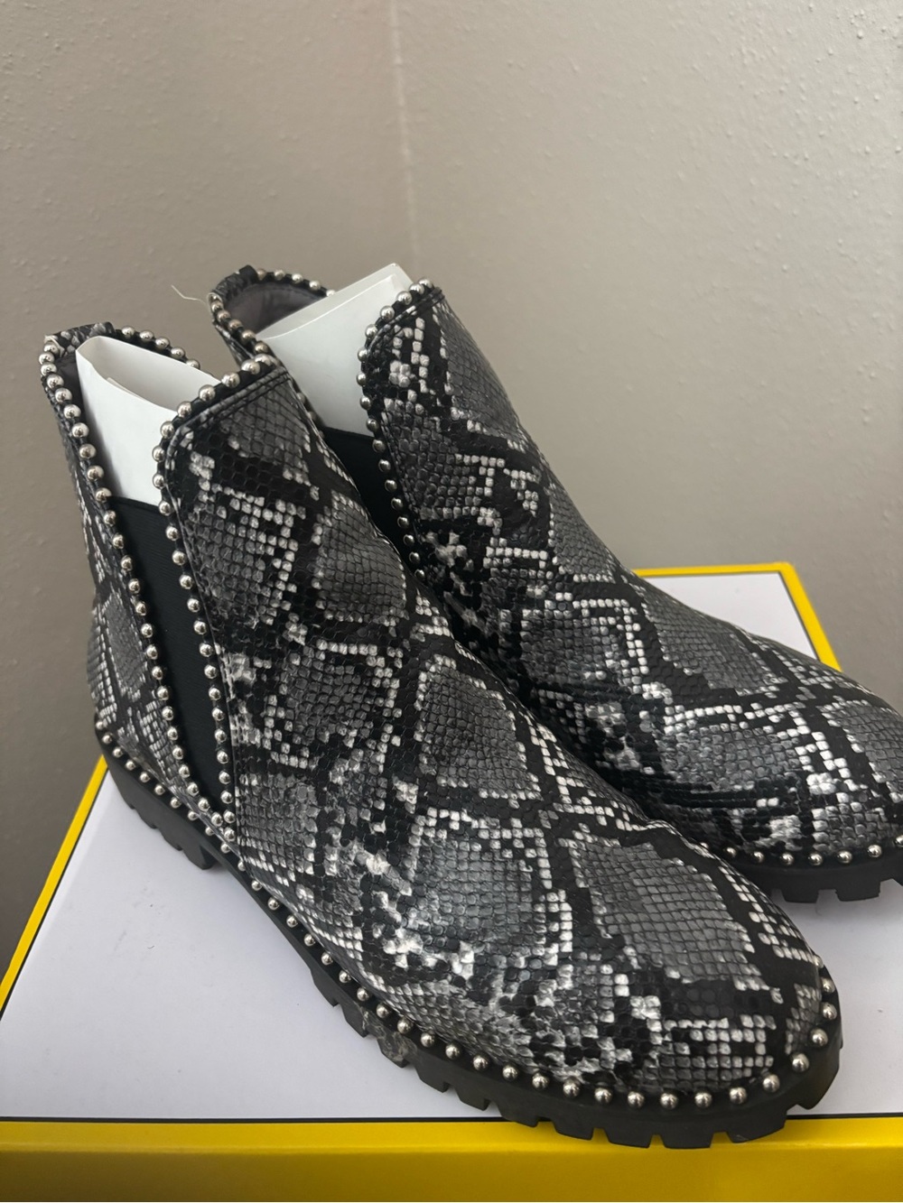 Seven Dials Black and Gray Snake-Print Studded Chelsea Booties